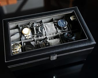 Personalized 12-Slot Watch Display Box | Black Leather Organizer with Glass Top