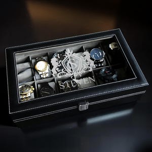 Engraved 12-Slot Watch Box – Personalized Leatherette Watch Organizer, Custom Gift for Him