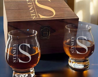 Bourbon Tasting Glass Set – Custom Engraved 8 oz Glasses with Wooden Gift Box