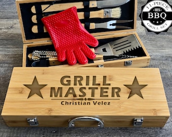 Personalized BBQ Grill Set | Stainless Steel Tools | Bamboo Case