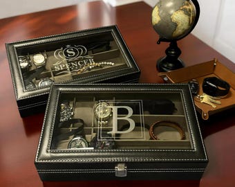 Personalized Black Leatherette Watch Box – Watch & Sunglasses Organizer for Men