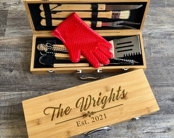 Personalized BBQ Set: Stainless Steel Grilling Tools in Bamboo Case