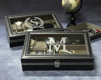Personalized Black Leatherette Watch Box - Glass Top Display Case