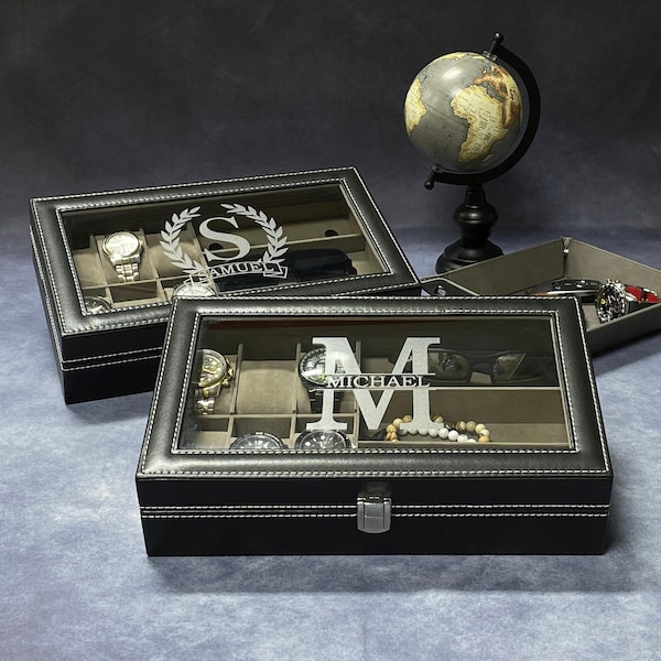Personalized Black Leatherette Watch Box - Glass Top Display Case