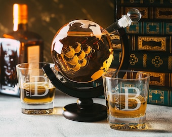 Personalized Globe Decanter Set with Engraved Square Glasses, Premium Etched Decanter Set