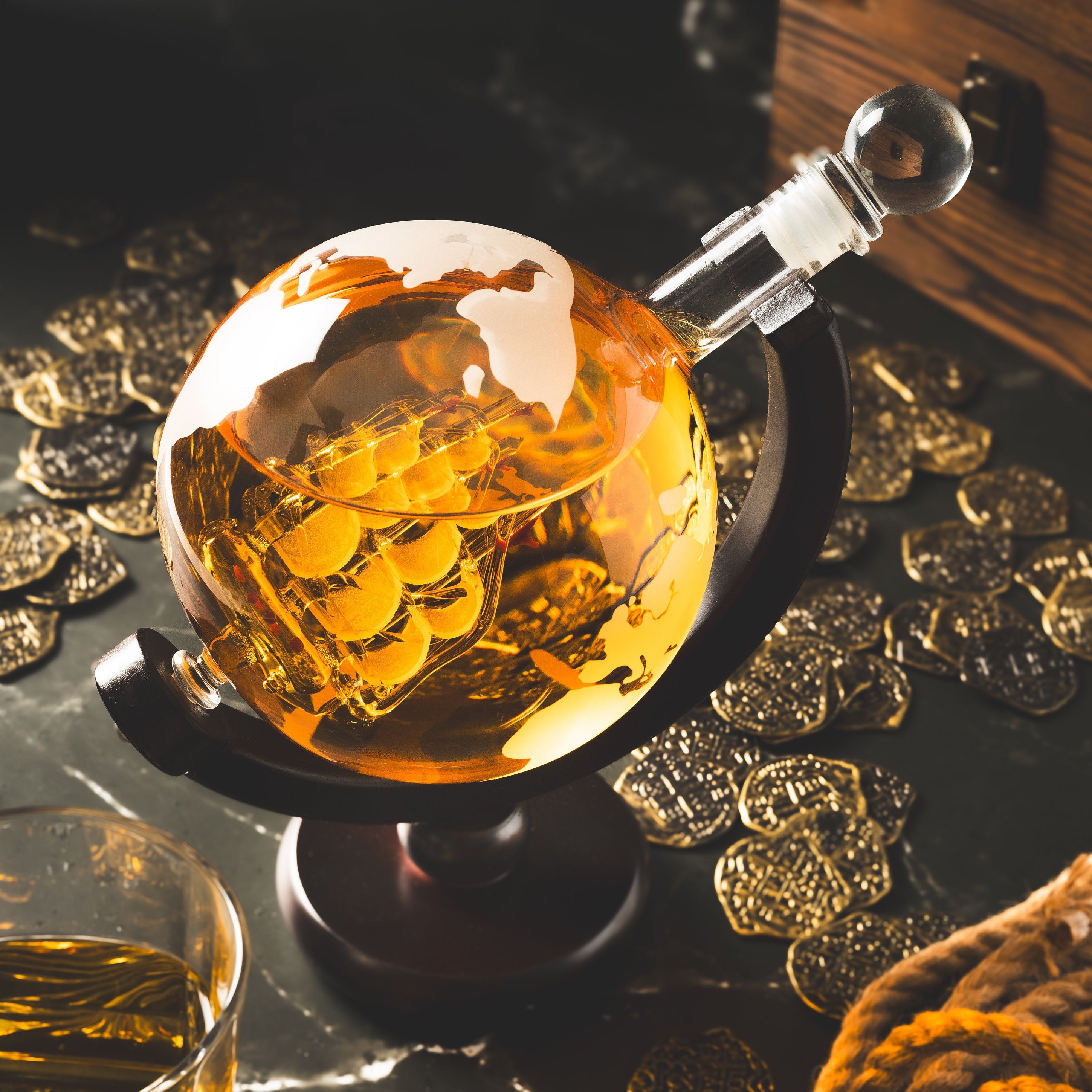 Globe Decanter Set with Two Engraved Square Glasses, Anniversary Gift for Him