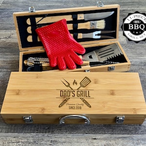 Engraved BBQ Grill Tool Set - Stainless Steel Utensils - Bamboo Case