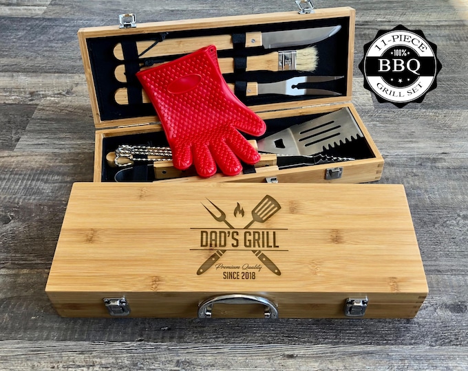 Engraved BBQ Grill Tool Set - Stainless Steel Utensils - Bamboo Case