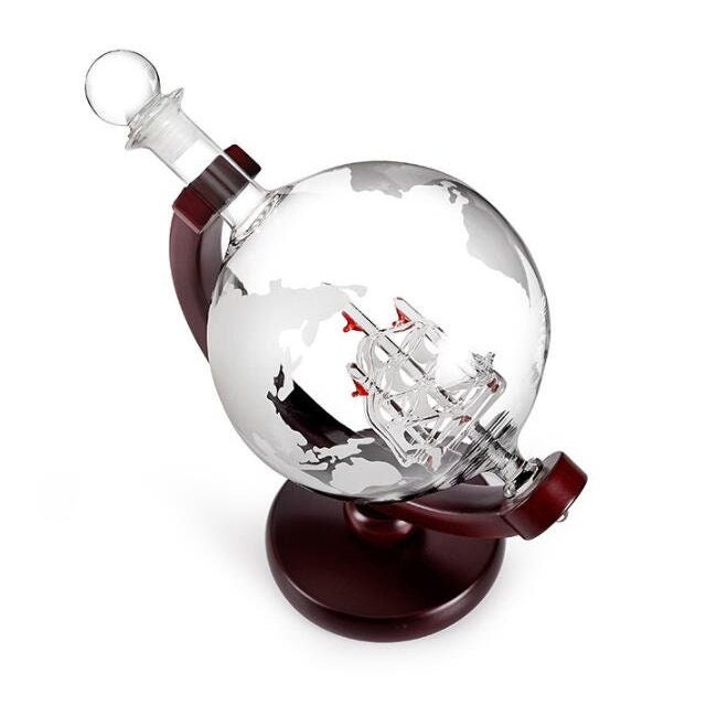 Globe Decanter Set with Two Engraved Square Glasses, Anniversary Gift for Him