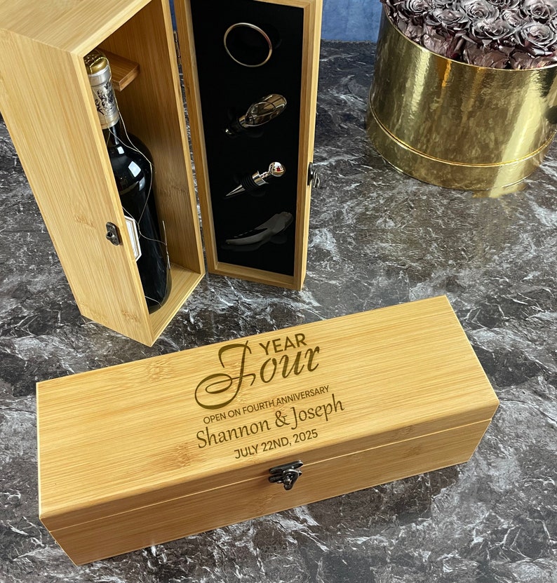 4 Years Anniversary Wooden Wine Box Anniversary Gift for Her image 1