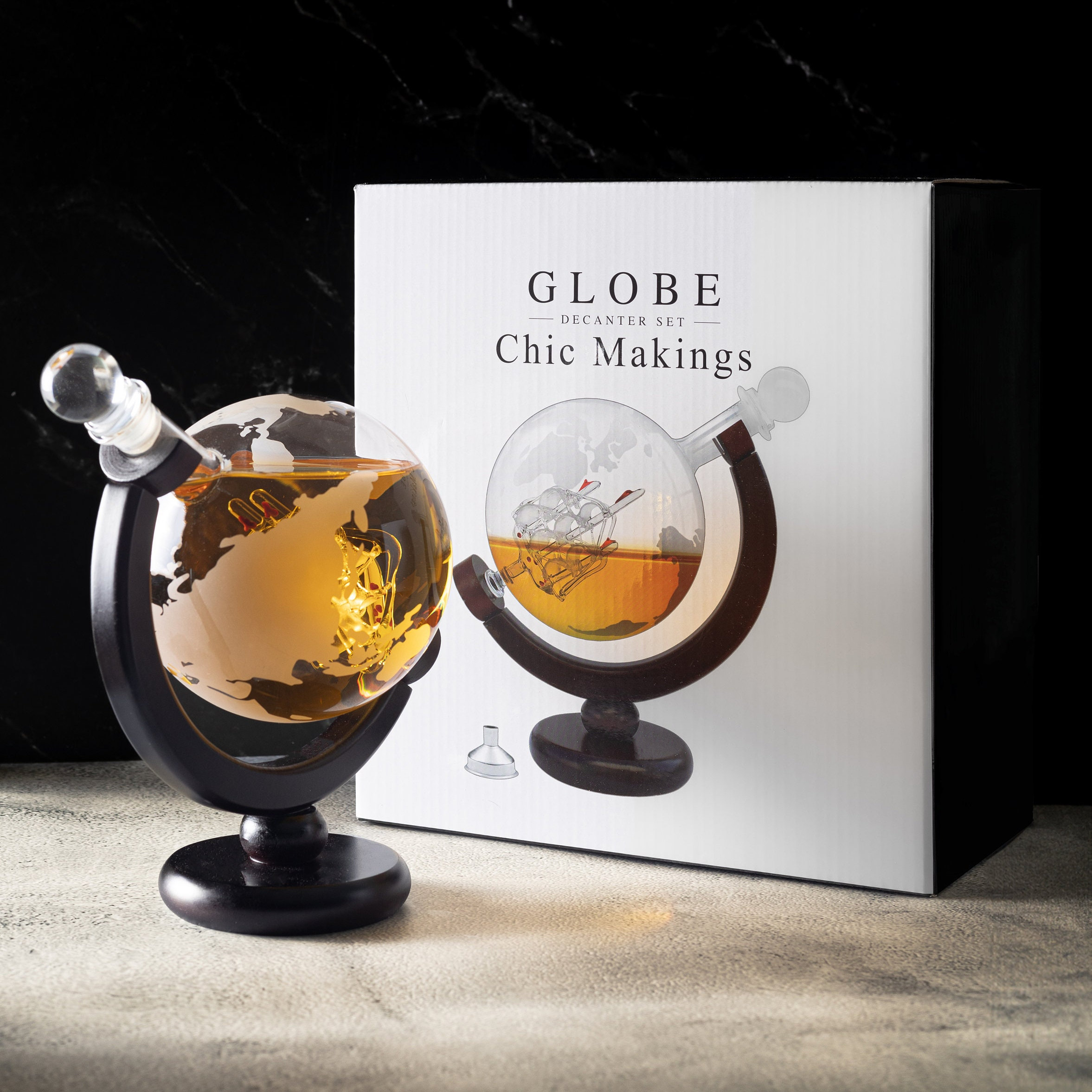 Globe Decanter Set with Two Engraved Square Glasses, Anniversary Gift for Him