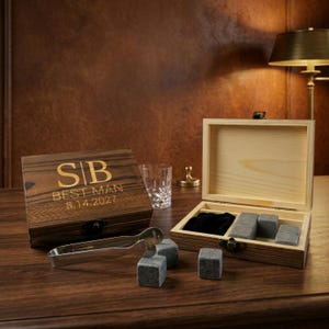 Personalized Whiskey Glass Set | Chilling Stones & Wooden Box | Groomsman Gift image 3