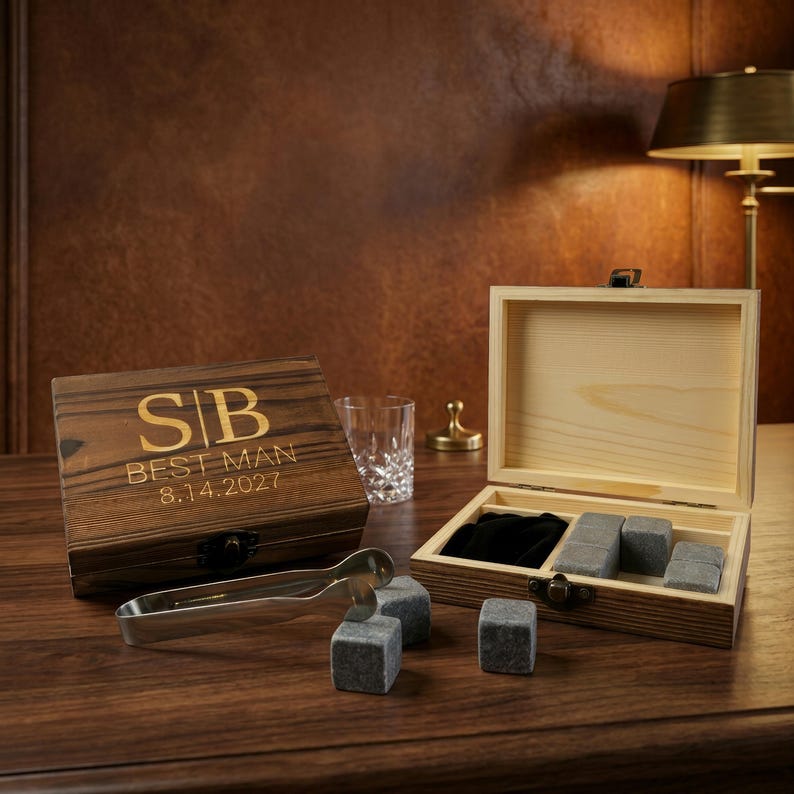 Personalized Whiskey Glass Set | Chilling Stones & Wooden Box | Groomsman Gift image 3