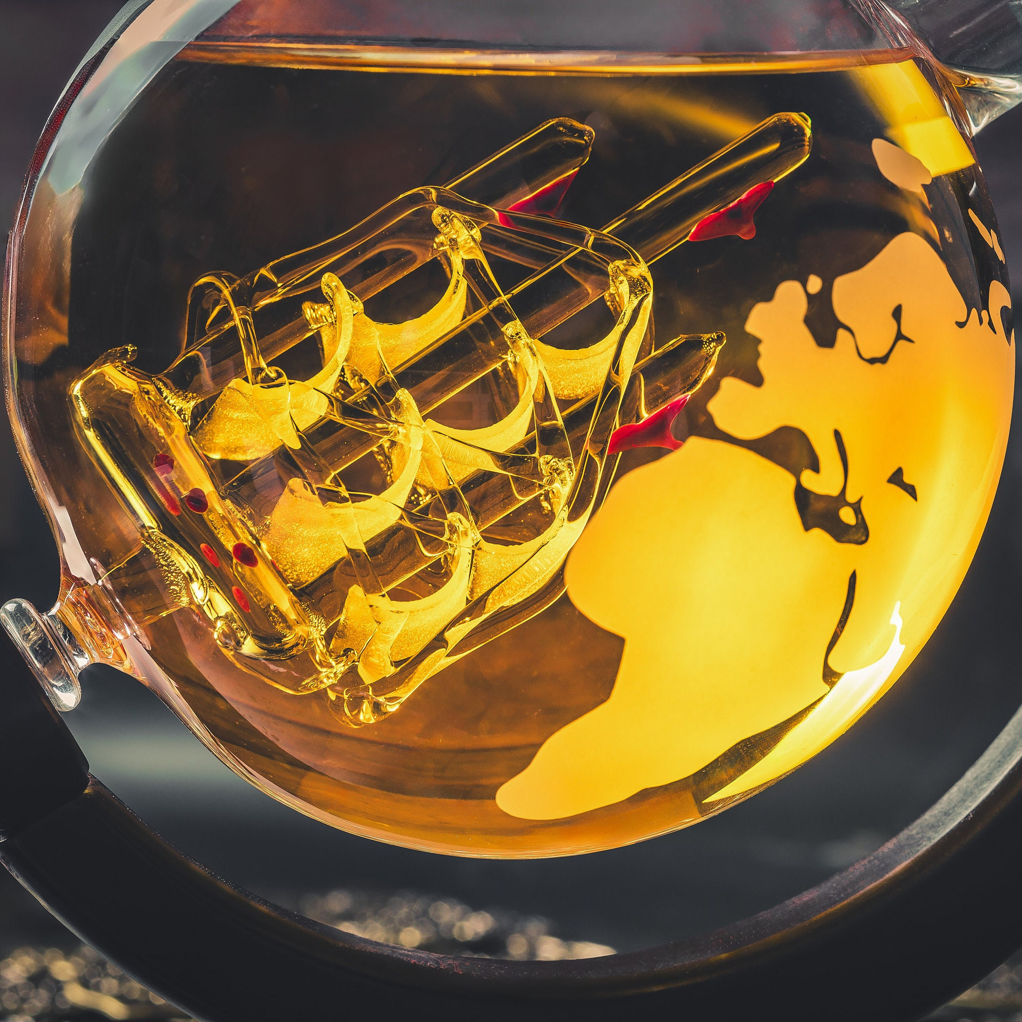 Globe Decanter Set with Two Engraved Square Glasses, Anniversary Gift for Him