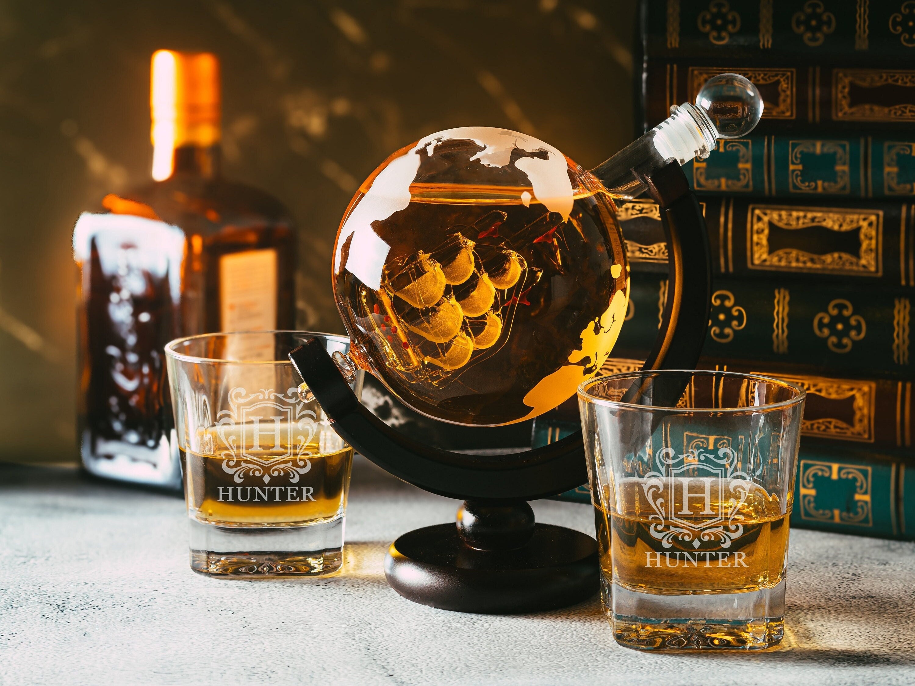 Globe Decanter Set with Two Engraved Square Glasses, Anniversary Gift for Him