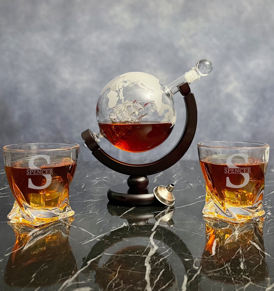 Oak & Steel - Large 1500ml World Globe Whiskey Decanter Sets For Men - Wine Decanter Set With - View #3