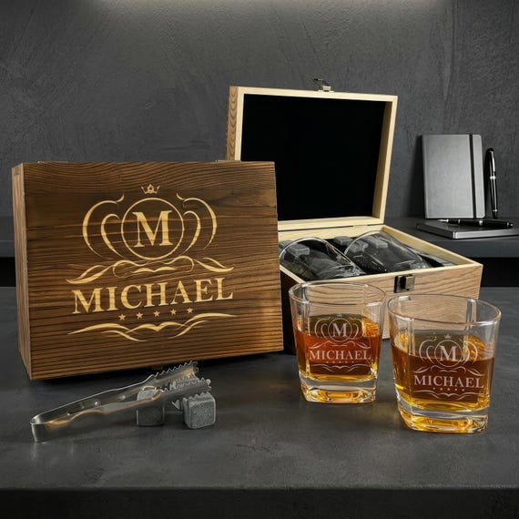 Personalized Whiskey Glass Set | Chilling Stones & Wooden Box | Groomsman Gift