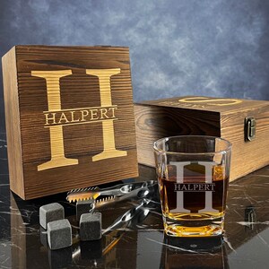 Personalized Whiskey Glass Set | Chilling Stones & Wooden Box | Groomsman Gift image 2