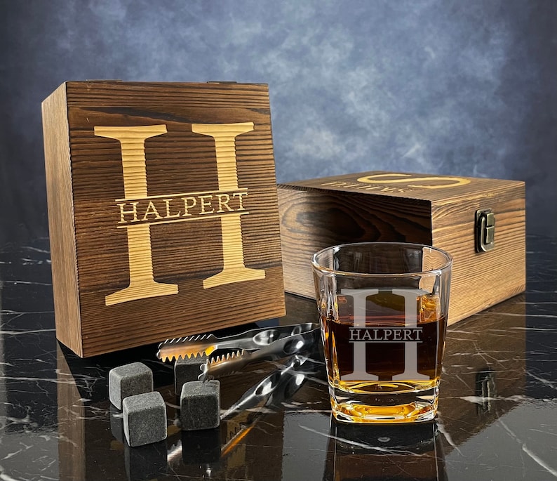 Personalized Whiskey Glass Set | Chilling Stones & Wooden Box | Groomsman Gift image 2