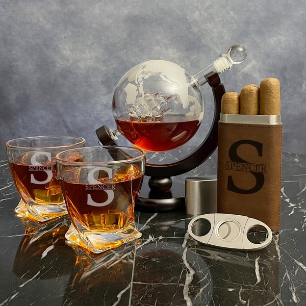 Globe Decanter Set with Two Bourbon Glasses & Personalized Cigar Box