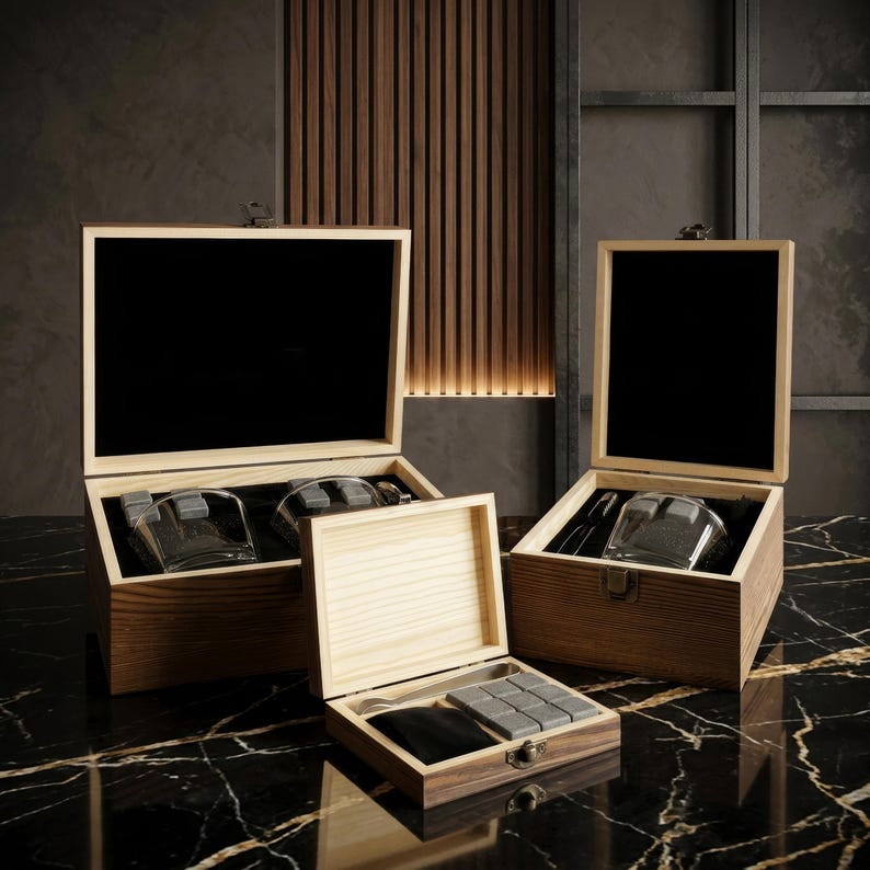 Personalized Whiskey Glass Set | Chilling Stones & Wooden Box | Groomsman Gift image 4