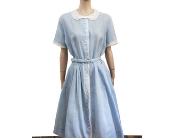Vintage 50s Blue FIT & FLARE Garden DRESS Collar Belted Full Skirt Rockabilly 8/10/M