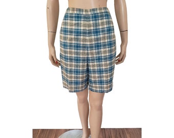 Vintage 50s Cotton Blue Plaid High Waisted Bermuda Shorts Side Zip sz S