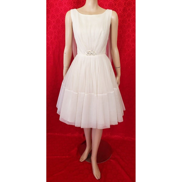 Vintage 50s Nylon Chiffon Party Dress Full Skirt sz XS