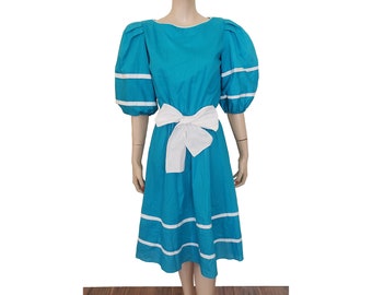 Vintage 80s Handmade Turquoise Cotton Midi Dress Puff Sleeve sz S