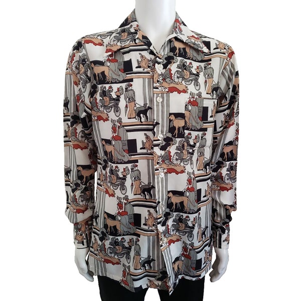Vintage 70s Don Loper Duke of Hollywood Dagger Collar Button Up Shirt Edwardian sz M