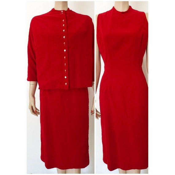 Vintage 50s Jonathan Logan Red VELVET DRESS & JACK