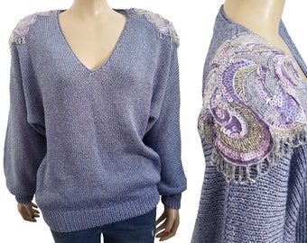 Nannell Vintage 80s Blue Pullover Sweater Sequin Metallic sz S/M