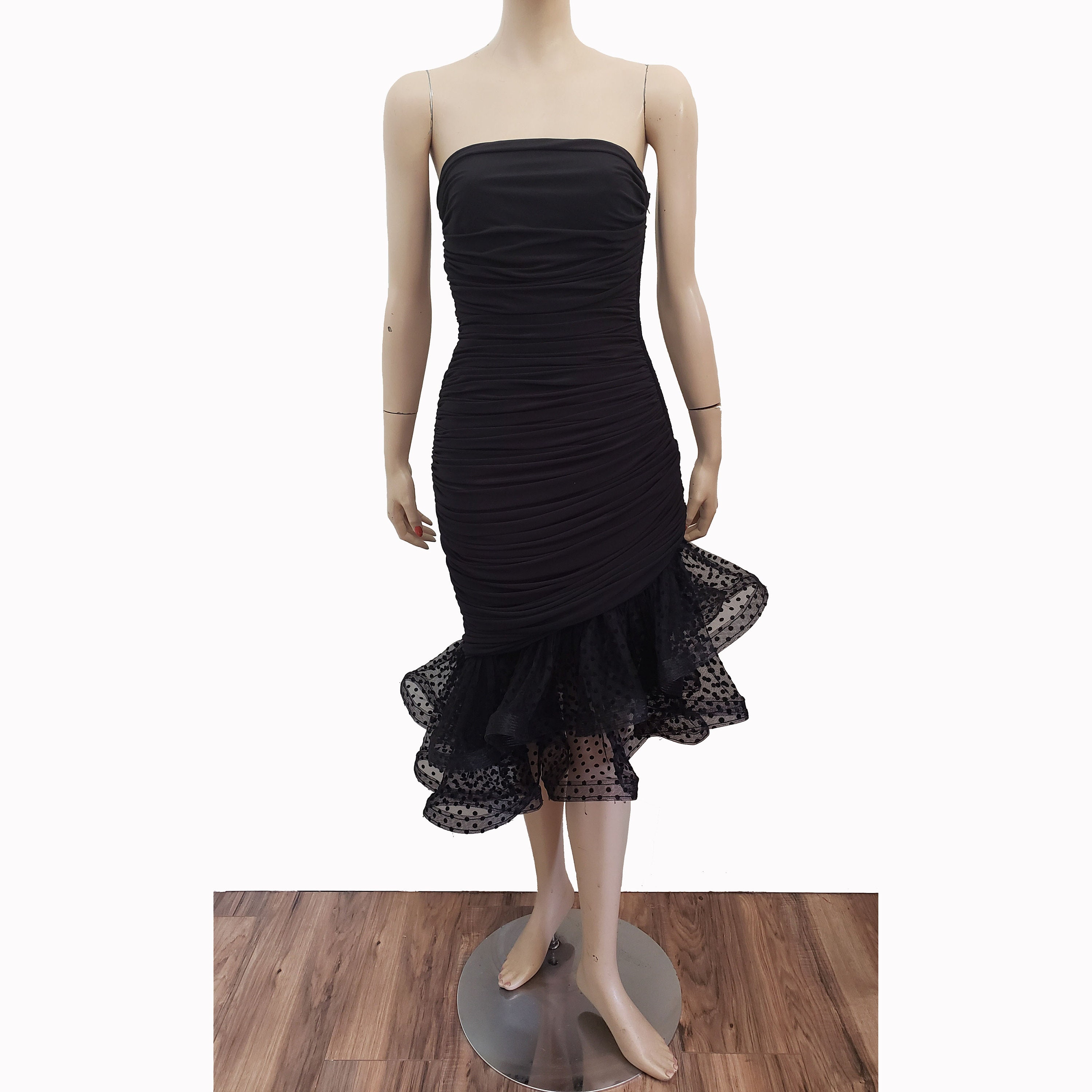 Vintage 80s Jeanette Kastenberg for St. Martin Frilly Bodycon Sexy Black Evening Dress XS