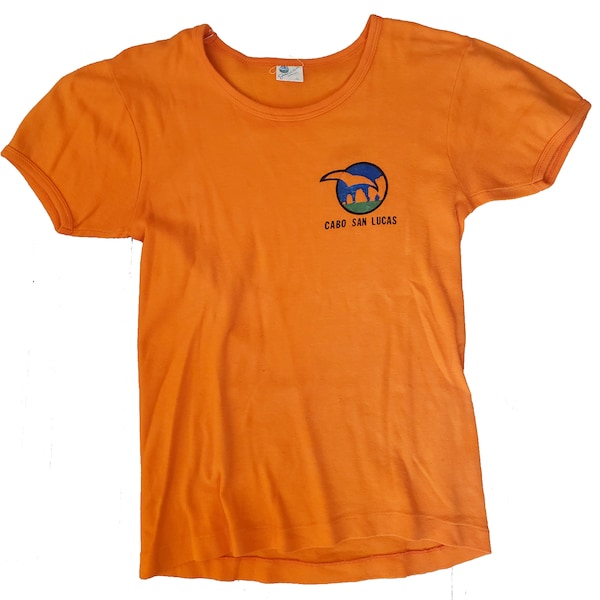 Vintage 70s 80s Orange RINGER T-SHIRT TEE Cabo San Lucas Souvenir Tourist sz S