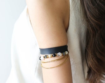 Arm Cuff, Boho Arm Band, Upper Arm Bracelet, Leather Bracelet, Semi Precious Stone Bracelet, Quartz Beads Bracelet