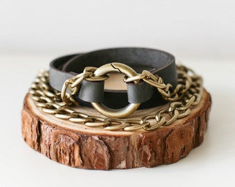Gray Boho Leather Bracelet, Leather Bracelet with Chain, Womens Leather Bracelet, Minimalist Bracelet, Cuff Bracelet
