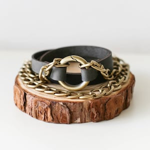 Gray Boho Leather Bracelet, Leather Bracelet with Chain, Womens Leather Bracelet, Minimalist Bracelet, Cuff Bracelet