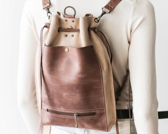 Beige Leather Backpack Purse, Leather Travel Backpack, Women's Leather Backpack, Convertible Leather Bag, Backpack with pockets