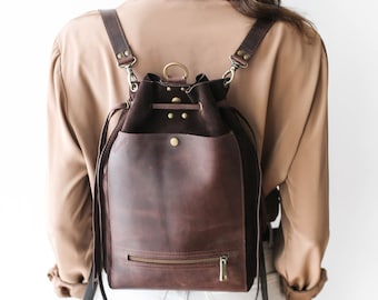 Brown Leather Backpack Purse, Suede Leather Bag, Leather Shoulder Bag, Convertible Backpack for Women, Drawstring Backpack