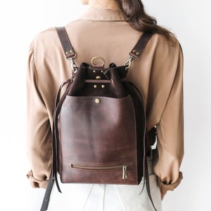 Brown Leather Backpack Purse, Suede Leather Bag, Leather Shoulder Bag, Convertible Backpack for Women, Drawstring Backpack