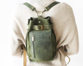 Green Leather Backpack, Leather Backpack Women, Convertible Backpack, Suede Purse, Leather Sling Bag