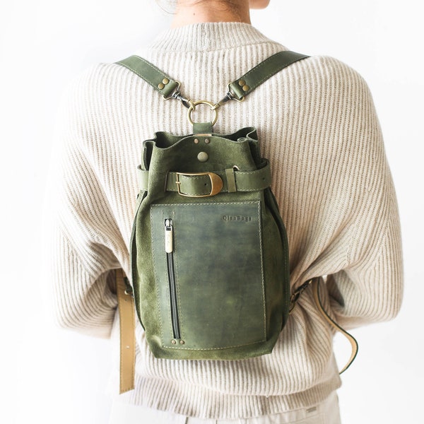 Green Leather Backpack, Leather Backpack Women, Convertible Backpack, Suede Purse, Leather Sling Bag