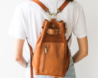 Leather Backpack Purse, Sling Bag, Leather Travel Bag, Brown Leather Backpack, Suede Leather Bag Women
