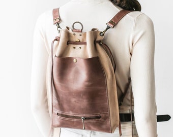 Beige Leather Backpack Purse, Leather Travel Backpack, Women&#39;s Leather Backpack, Convertible Leather Bag, Backpack with pockets