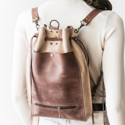 Beige Leather Backpack Purse Leather 