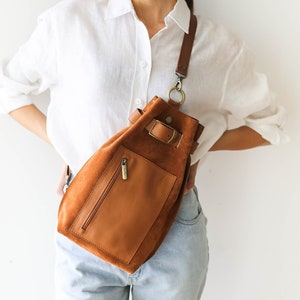 Leather Sling Bag, Brown Suede Bag, Leather Bag, Leather Cross Body Shoulder Bag for Women