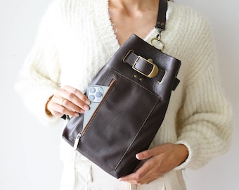 Dark Brown Sling Bag, Leather Backpack Purse, Leather Bag Women, Small Leather Backpack