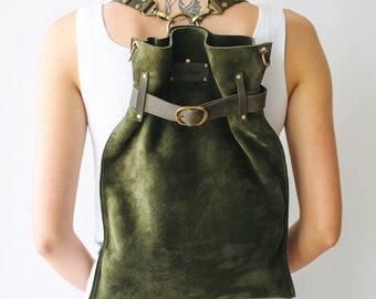 Green Leather Bag, Suede Backpack, Vintage Backpack, Convertible Backpack, Leather Backpack Purse