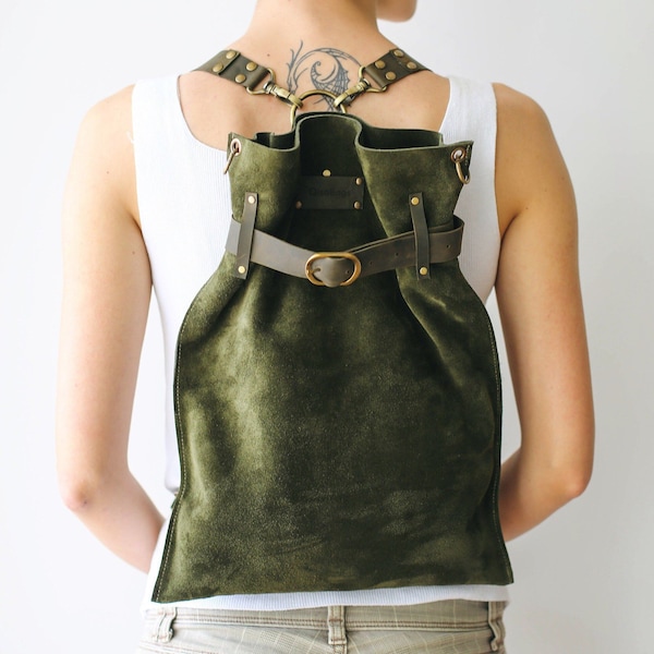 Green Leather Bag, Suede Backpack, Vintage Backpack, Convertible Backpack, Leather Backpack Purse