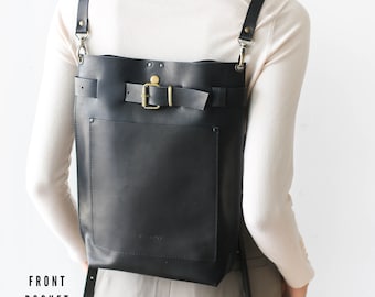 Leather Laptop Bag Women, Black Leather Purse, Black Leather Backpack, Large Leather Bag, Convertible Bag with Pockets